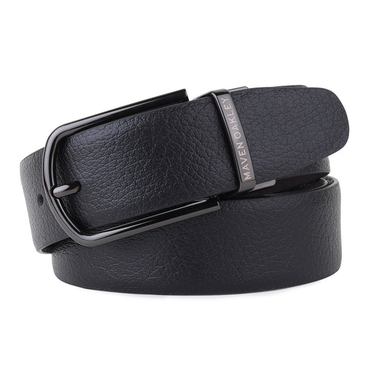 Maveoakely Reversible Textured Leather Belt for Men – Black & Brown | Matte Gunmetal Buckle | 360° Rotation | Premium Gift Box