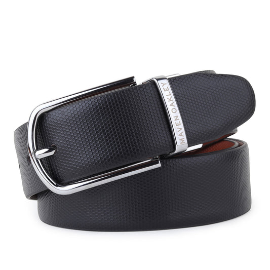 Maveoakely Reversible Leather Belt for Men – Dual Tone Black & Brown | 360° Rotating Buckle | Formal & Casual Use (30–42 Inches)