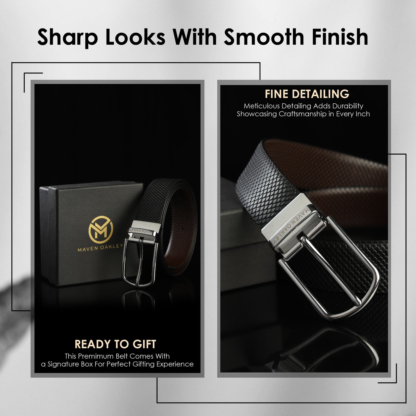 Maveoakely Men's Reversible Leather Belt – Black & Brown, Rotating Buckle, Smooth Finish, Formal & Casual Wear (30-42 Inches)
