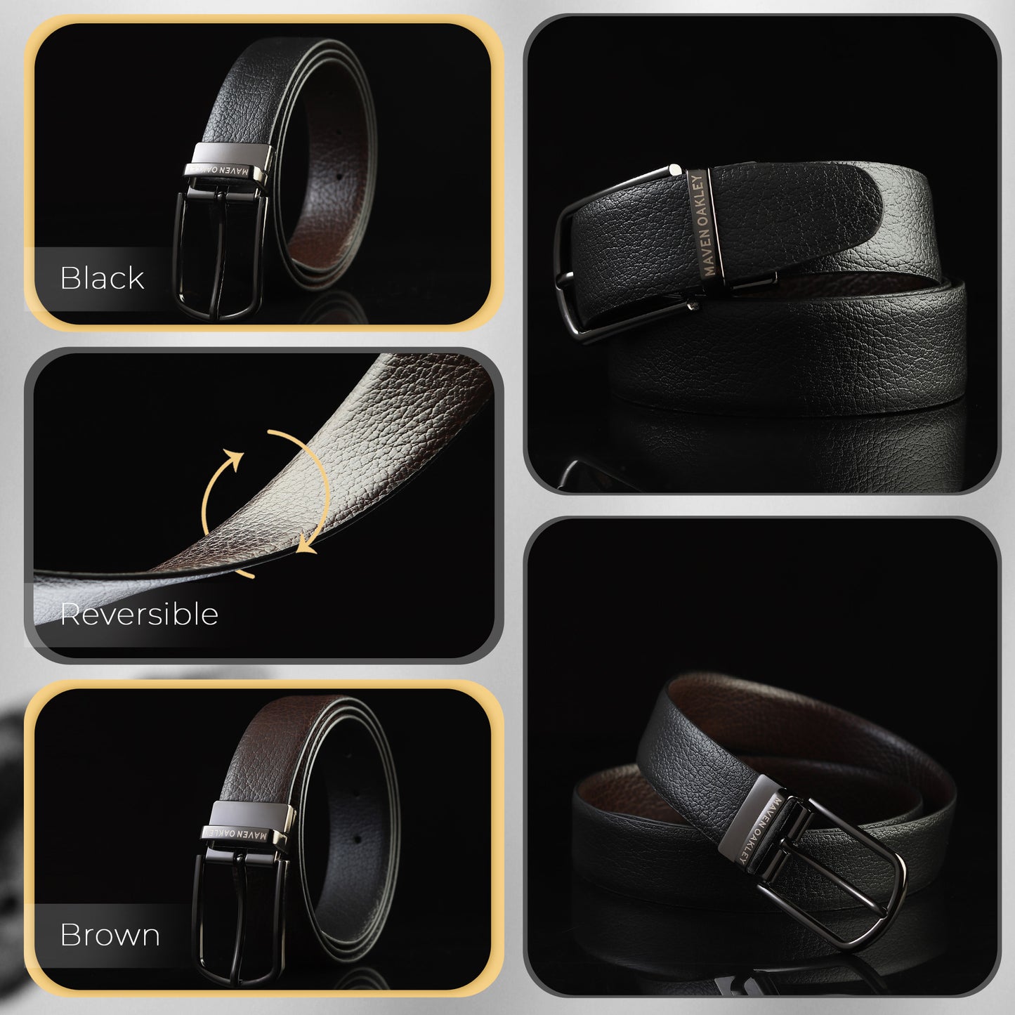 Maveoakely Reversible Textured Leather Belt for Men – Black & Brown | Matte Gunmetal Buckle | 360° Rotation | Premium Gift Box
