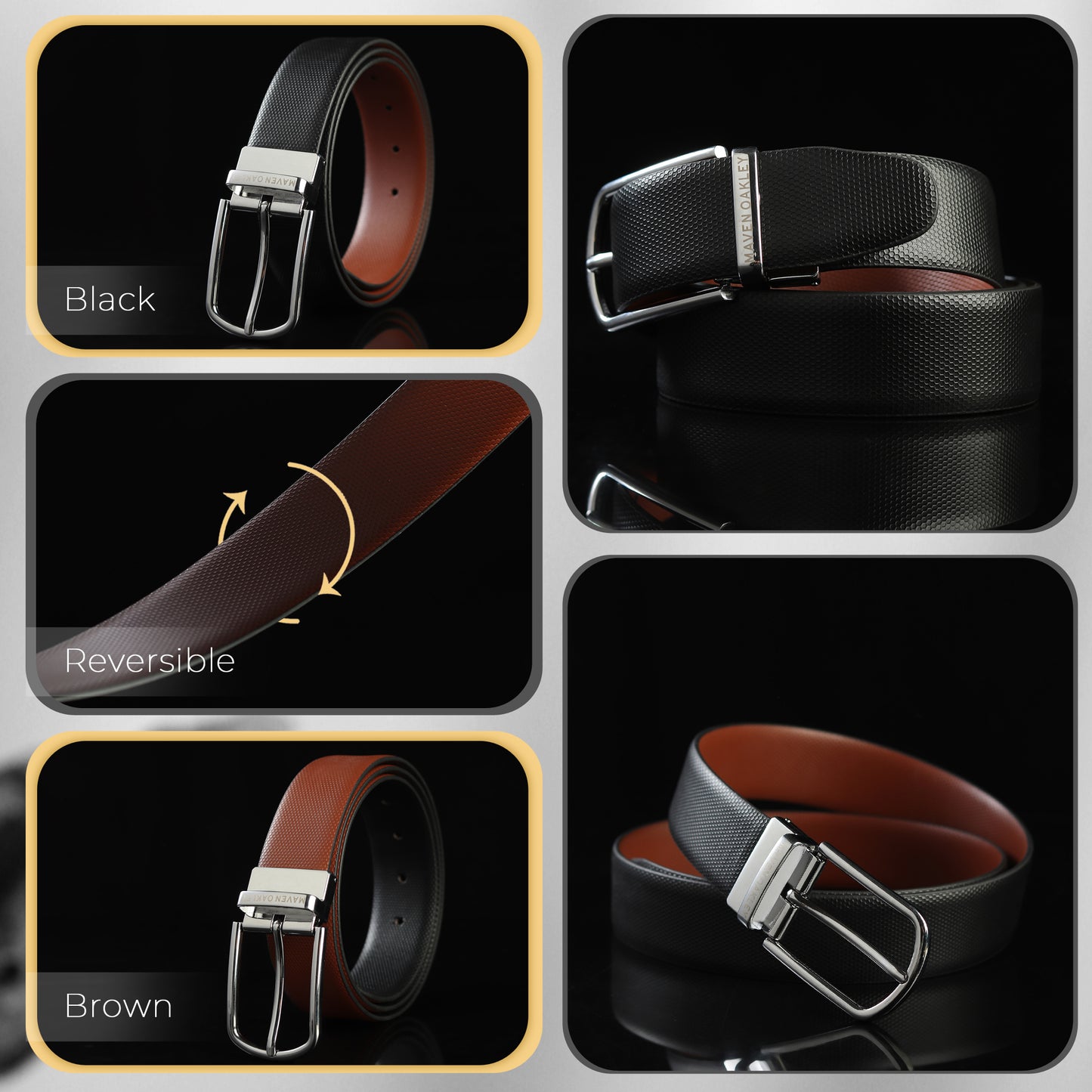 Maveoakely Reversible Leather Belt for Men – Dual Tone Black & Brown | 360° Rotating Buckle | Formal & Casual Use (30–42 Inches)