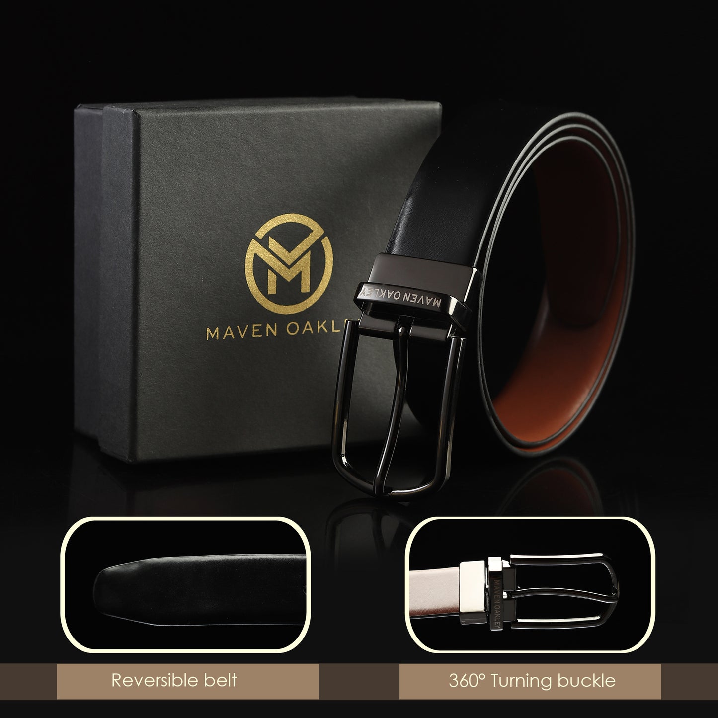 Mavenoakley Premium Reversible Genuine Leather Belt for Men – Black & Brown | Classic Buckle | Gift Box Included
