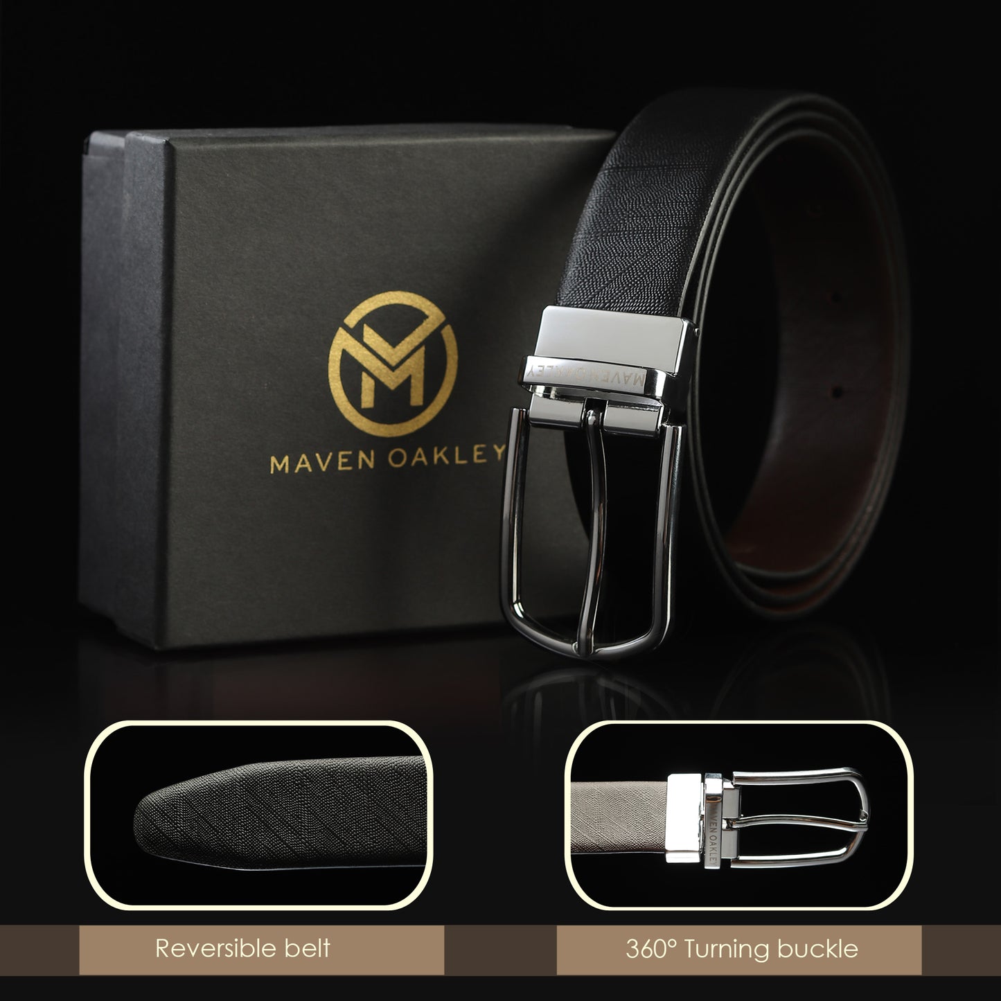 Maveoakely Premium Reversible Leather Belt for Men – Dual-Tone Black & Brown | 360° Rotating Glossy Buckle | Ideal for Formal & Casual Wear (30–42 Inches)
