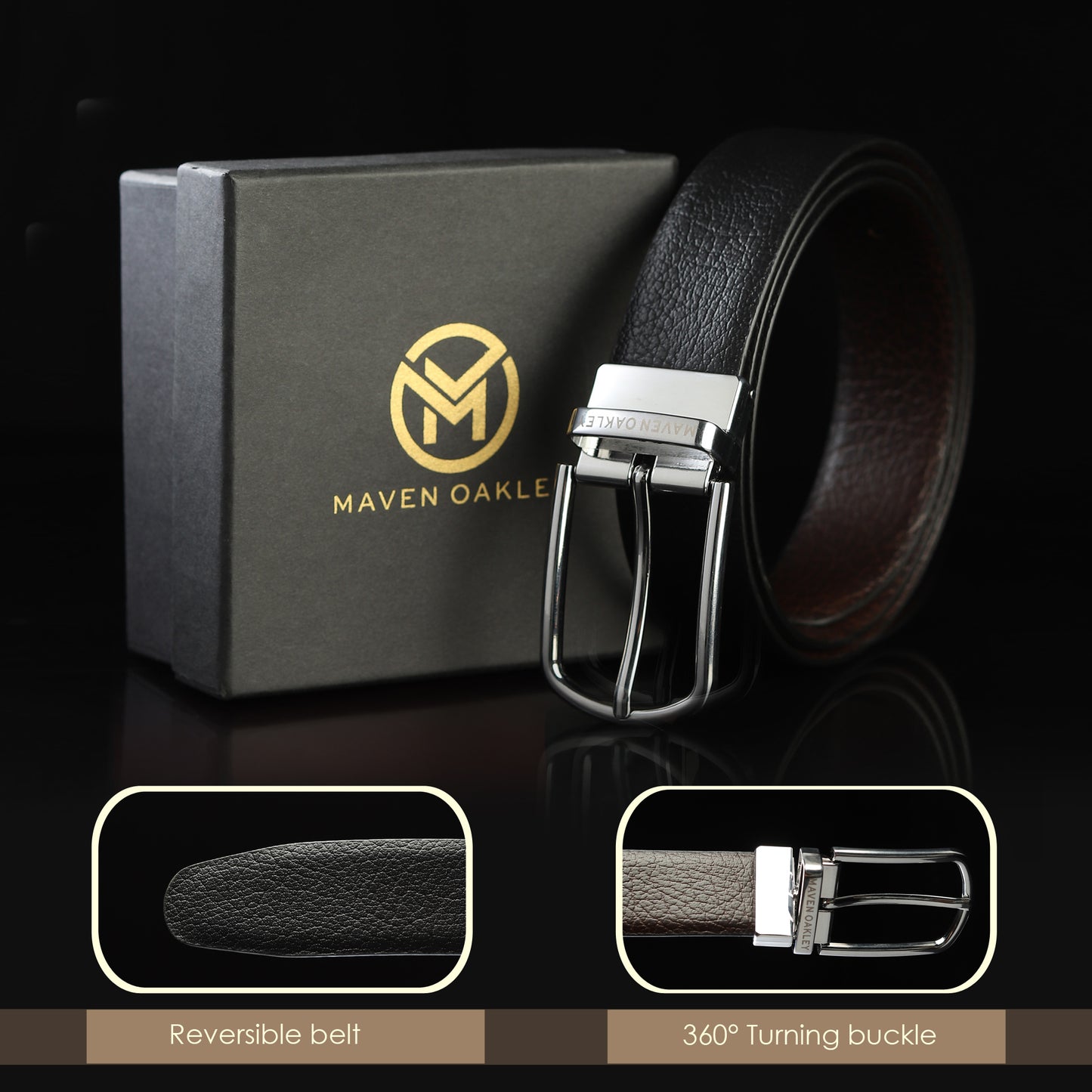 Maveoakely Reversible Genuine Leather Belt for Men – Black & Brown | Textured Finish | 360° Rotating Buckle | Formal & Daily Wear (30–42 Inches)
