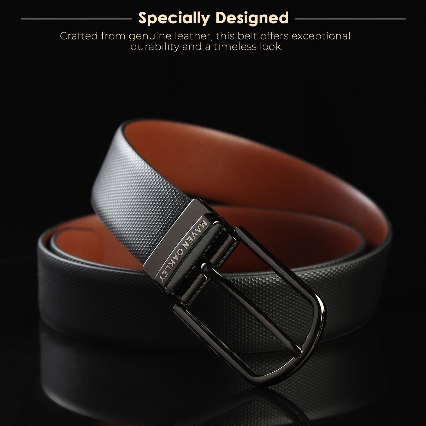 Maven Oakley Signature Reversible Leather Belt – Black & Brown | 360° Rotating Buckle | Premium Gift Box