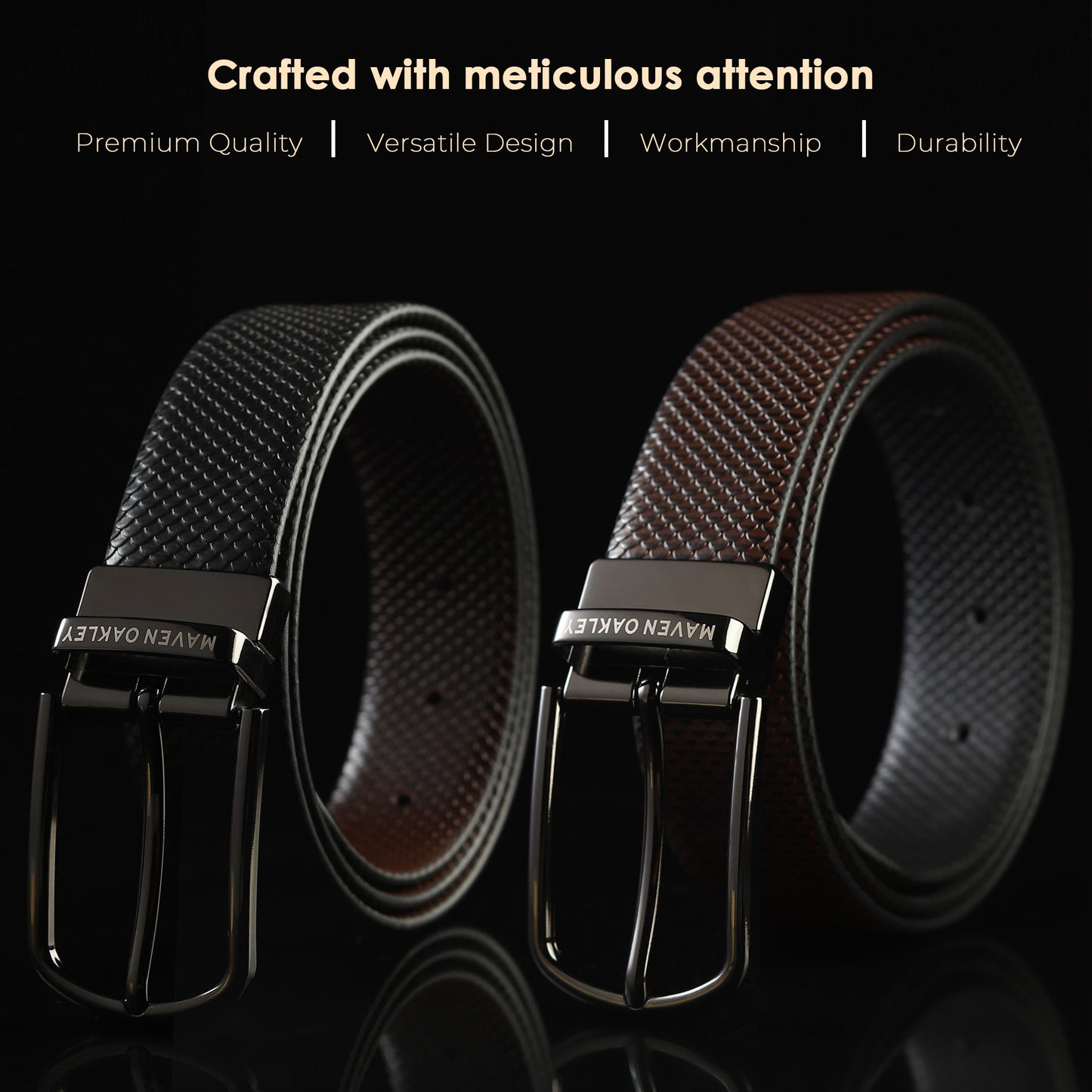 Maven Oakley Signature Reversible Leather Belt – Black & Brown | 360° Rotating Buckle | Premium Gift Box