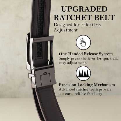 Jarvis Italian Leather Ratchet Black & Brown Reversible Belt For Men - Matte Grey Auto-Lock Buckle (Premium Gift Box Included)