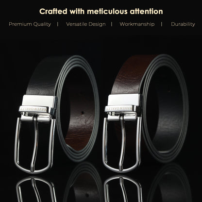 Leo Silver Genuine Leather Reversible Black & Brown Belt for Men – Silver Buckle (Premium Gift Box Included)