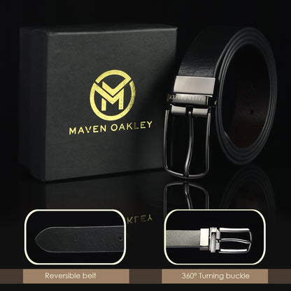 Leo Grey Genuine Leather Reversible Black & Brown Belt for Men – Gunmetal Grey Buckle (Premium Gift Box Included)