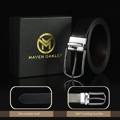 Leo Silver Genuine Leather Reversible Black & Brown Belt for Men – Silver Buckle (Premium Gift Box Included)