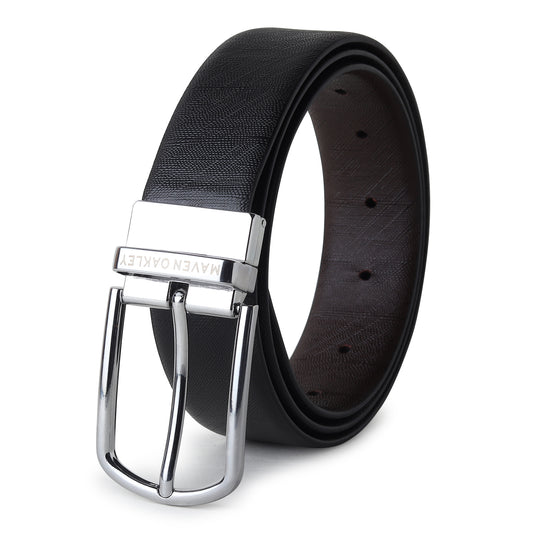 Maveoakely Premium Reversible Leather Belt for Men – Dual-Tone Black & Brown | 360° Rotating Glossy Buckle | Ideal for Formal & Casual Wear (30–42 Inches)