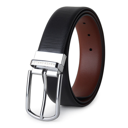 Maveoakely Reversible Leather Belt for Men – Dual Tone Black & Brown | 360° Rotating Buckle | Formal & Casual Use (30–42 Inches)