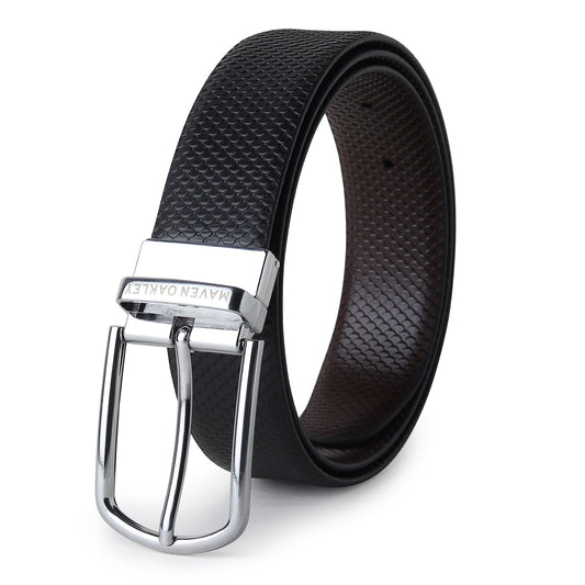 Maveoakely Men's Reversible Leather Belt – Black & Brown, Rotating Buckle, Smooth Finish, Formal & Casual Wear (30-42 Inches)
