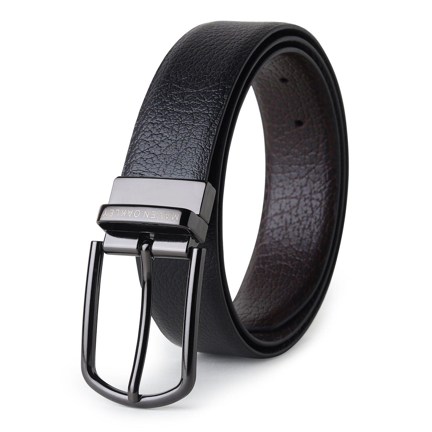 Maveoakely Reversible Textured Leather Belt for Men – Black & Brown | Matte Gunmetal Buckle | 360° Rotation | Premium Gift Box