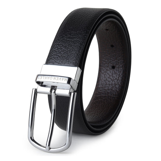 Maveoakely Reversible Genuine Leather Belt for Men – Black & Brown | Textured Finish | 360° Rotating Buckle | Formal & Daily Wear (30–42 Inches)