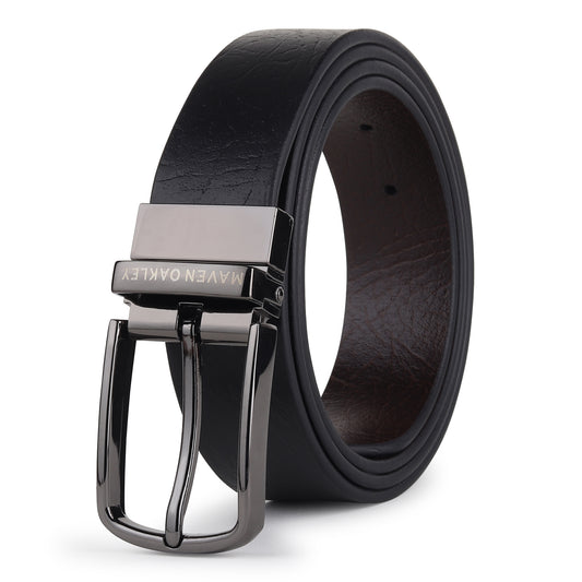 Leo Grey Genuine Leather Reversible Black & Brown Belt for Men – Gunmetal Grey Buckle (Premium Gift Box Included)