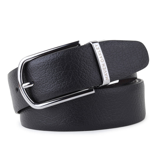 Maveoakely Reversible Genuine Leather Belt for Men – Black & Brown | Textured Finish | 360° Rotating Buckle | Formal & Daily Wear (30–42 Inches)