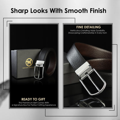Maveoakely Reversible Genuine Leather Belt for Men – Black & Brown | Textured Finish | 360° Rotating Buckle | Formal & Daily Wear (30–42 Inches)
