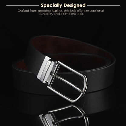 Leo Silver Genuine Leather Reversible Black & Brown Belt for Men – Silver Buckle (Premium Gift Box Included)