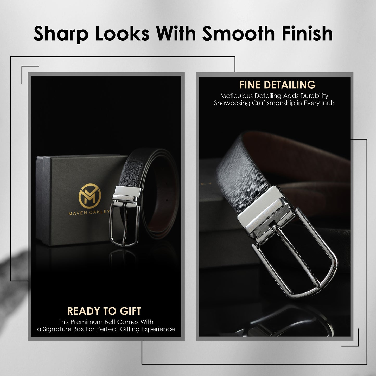 Maveoakely Premium Reversible Leather Belt for Men – Dual-Tone Black & Brown | 360° Rotating Glossy Buckle | Ideal for Formal & Casual Wear (30–42 Inches)