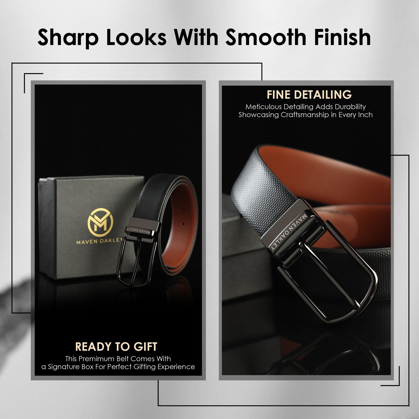 Maven Oakley Signature Reversible Leather Belt – Black & Brown | 360° Rotating Buckle | Premium Gift Box