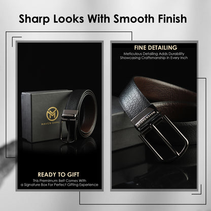 Maveoakely Reversible Textured Leather Belt for Men – Black & Brown | Matte Gunmetal Buckle | 360° Rotation | Premium Gift Box