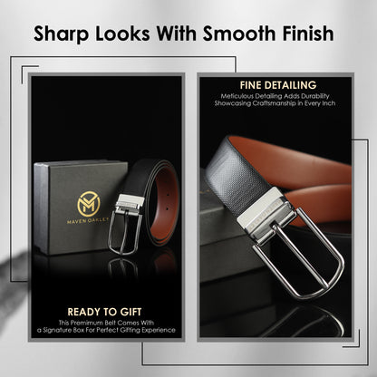 Maveoakely Reversible Leather Belt for Men – Dual Tone Black & Brown | 360° Rotating Buckle | Formal & Casual Use (30–42 Inches)