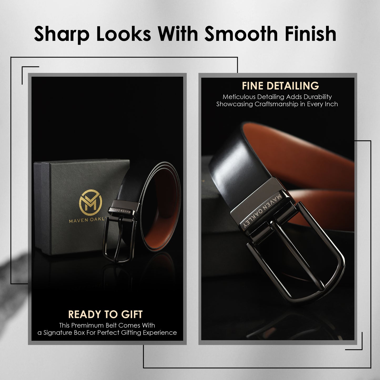Mavenoakley Premium Reversible Genuine Leather Belt for Men – Black & Brown | Classic Buckle | Gift Box Included