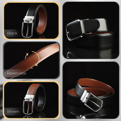 Maveoakely Premium Reversible Leather Belt for Men – Black & Brown | 360° Rotating Buckle | Formal & Casual Wear