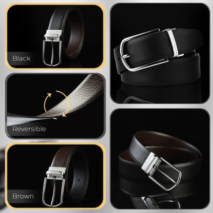 Maveoakely Reversible Genuine Leather Belt for Men – Black & Brown | Textured Finish | 360° Rotating Buckle | Formal & Daily Wear (30–42 Inches)