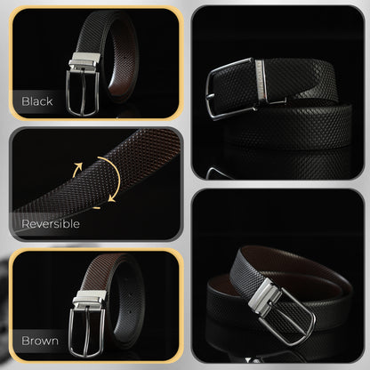 Maveoakely Men's Reversible Leather Belt – Black & Brown, Rotating Buckle, Smooth Finish, Formal & Casual Wear (30-42 Inches)