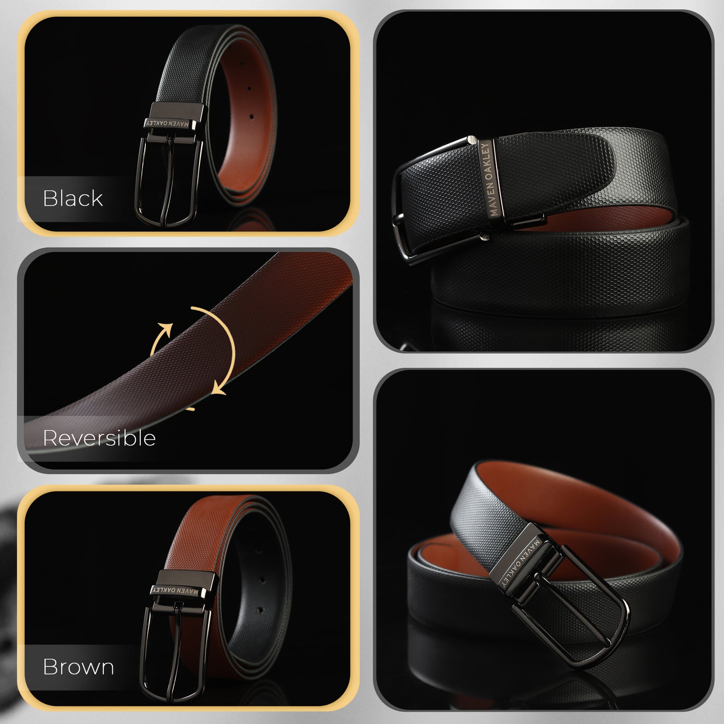 Maven Oakley Signature Reversible Leather Belt – Black & Brown | 360° Rotating Buckle | Premium Gift Box