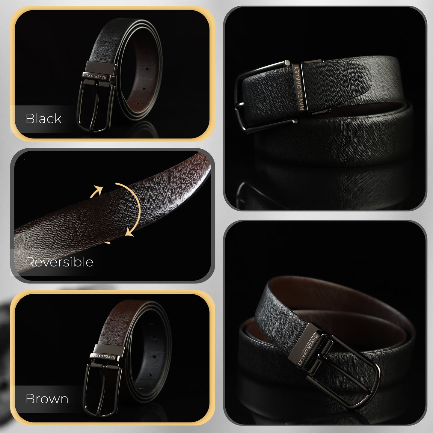 Maven Oakley Reversible Genuine Leather Belt for Men – Black & Brown | 360° Rotating Buckle | Premium Gift Box Included | Waist Size 30 to 42