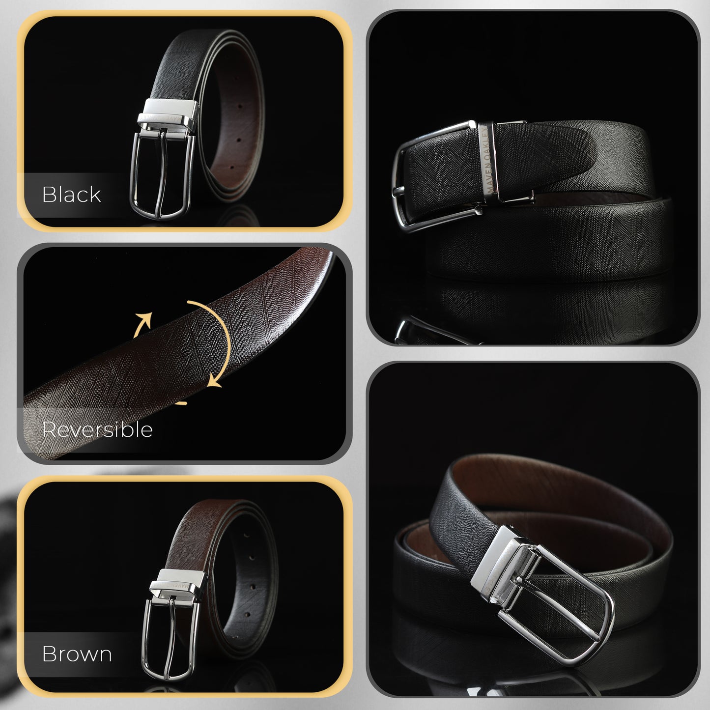 Maveoakely Premium Reversible Leather Belt for Men – Dual-Tone Black & Brown | 360° Rotating Glossy Buckle | Ideal for Formal & Casual Wear (30–42 Inches)