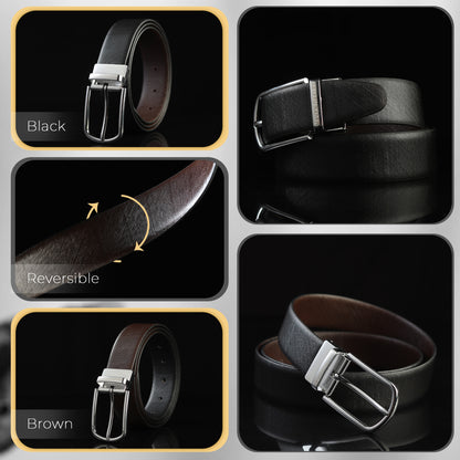 Maveoakely Premium Reversible Leather Belt for Men – Dual-Tone Black & Brown | 360° Rotating Glossy Buckle | Ideal for Formal & Casual Wear (30–42 Inches)