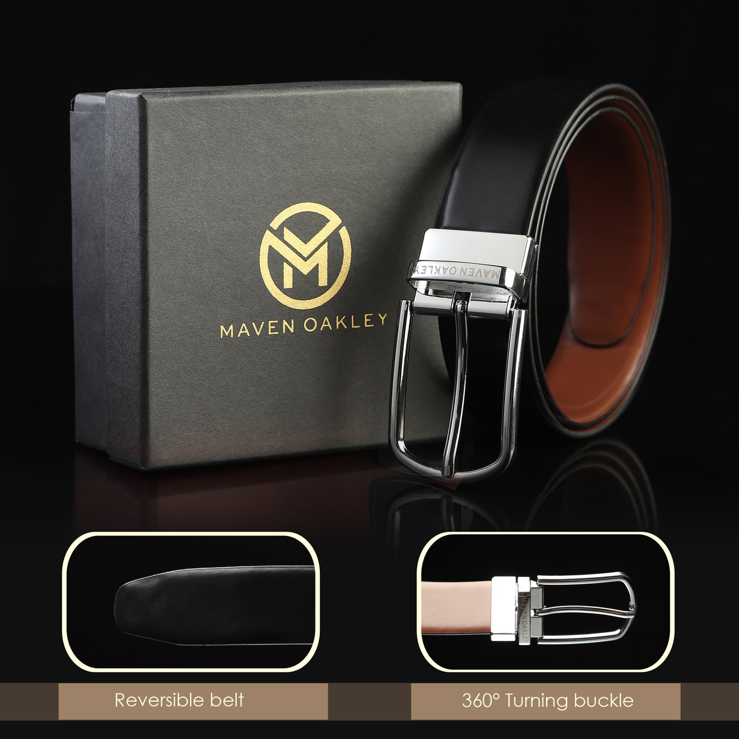 Maveoakely Premium Reversible Leather Belt for Men – Black & Brown | 360° Rotating Buckle | Formal & Casual Wear