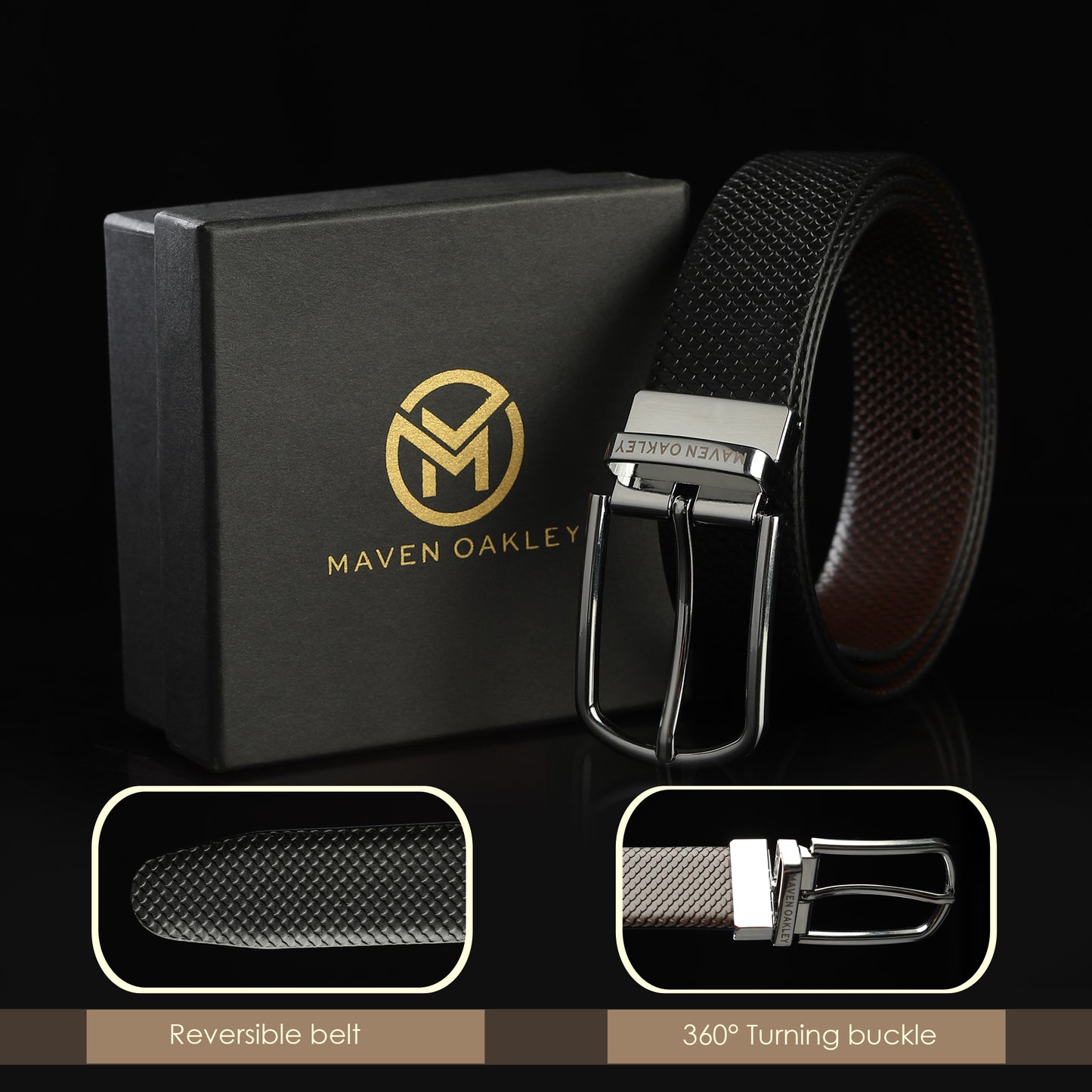 Maveoakely Men's Reversible Leather Belt – Black & Brown, Rotating Buckle, Smooth Finish, Formal & Casual Wear (30-42 Inches)