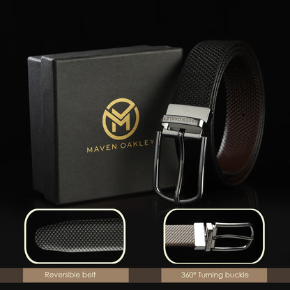 Maveoakely Men's Reversible Leather Belt – Black & Brown, Rotating Buckle, Smooth Finish, Formal & Casual Wear (30-42 Inches)