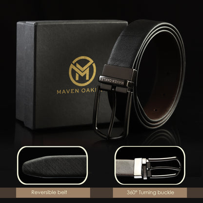 Maven Oakley Reversible Genuine Leather Belt for Men – Black & Brown | 360° Rotating Buckle | Premium Gift Box Included | Waist Size 30 to 42