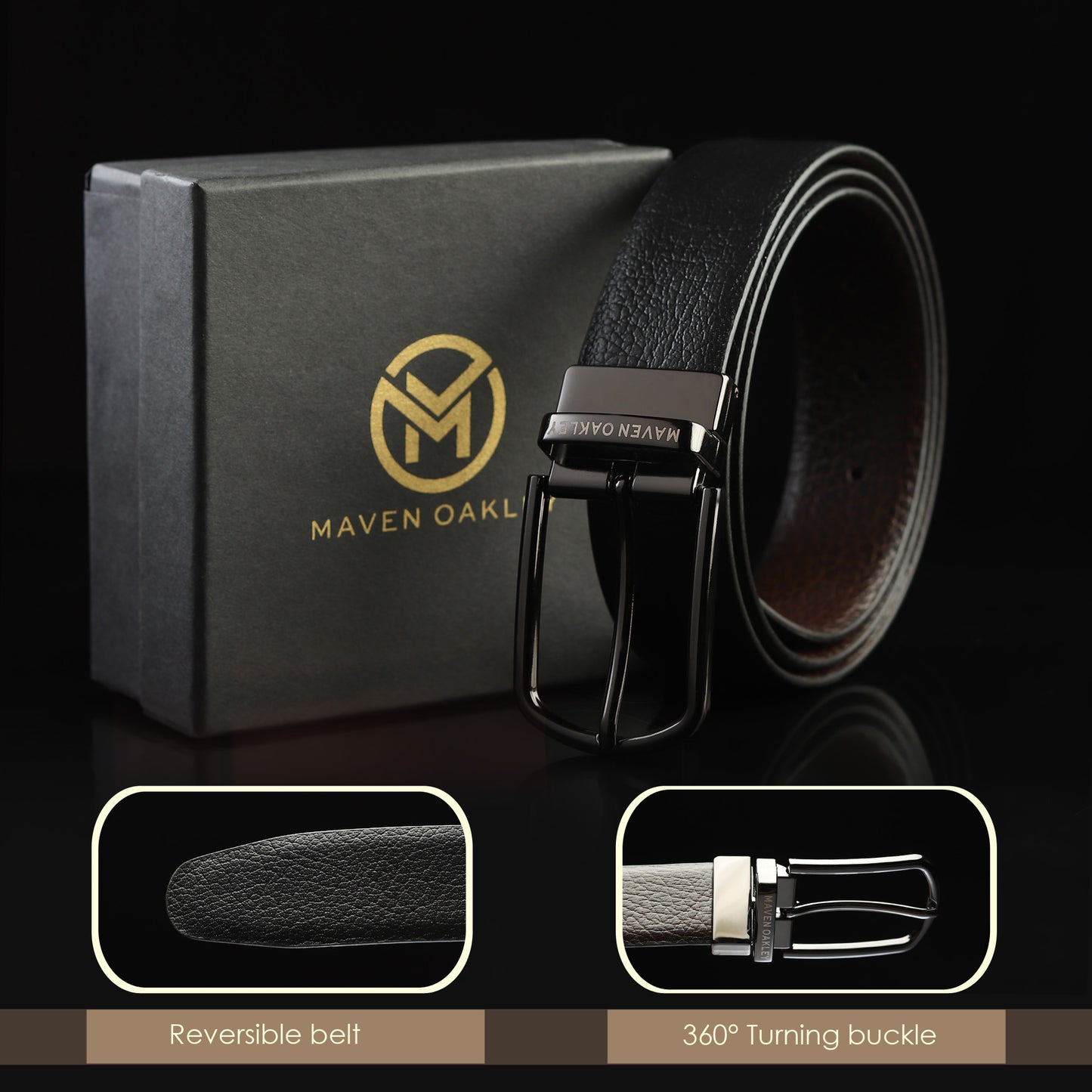 Maveoakely Reversible Textured Leather Belt for Men – Black & Brown | Matte Gunmetal Buckle | 360° Rotation | Premium Gift Box