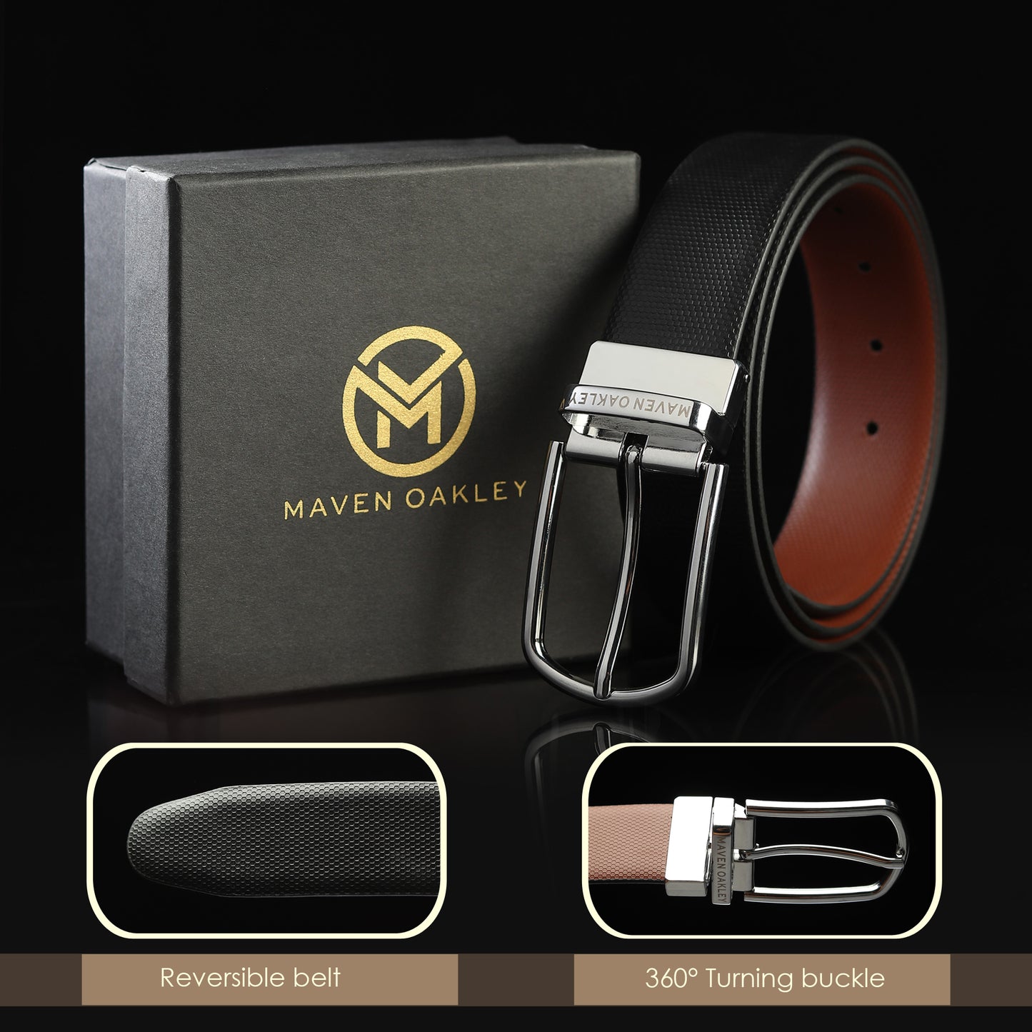 Maveoakely Reversible Leather Belt for Men – Dual Tone Black & Brown | 360° Rotating Buckle | Formal & Casual Use (30–42 Inches)