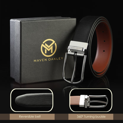 Maveoakely Reversible Leather Belt for Men – Dual Tone Black & Brown | 360° Rotating Buckle | Formal & Casual Use (30–42 Inches)