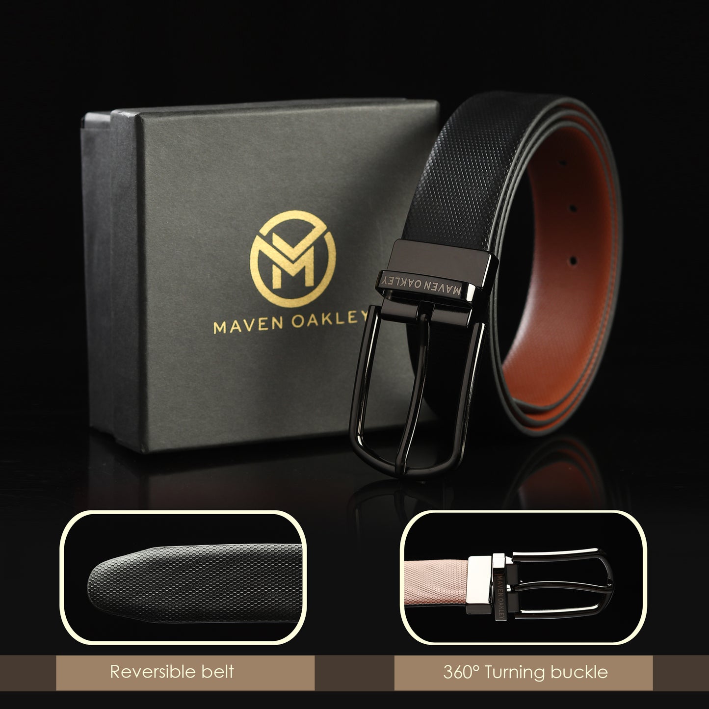 Maven Oakley Signature Reversible Leather Belt – Black & Brown | 360° Rotating Buckle | Premium Gift Box