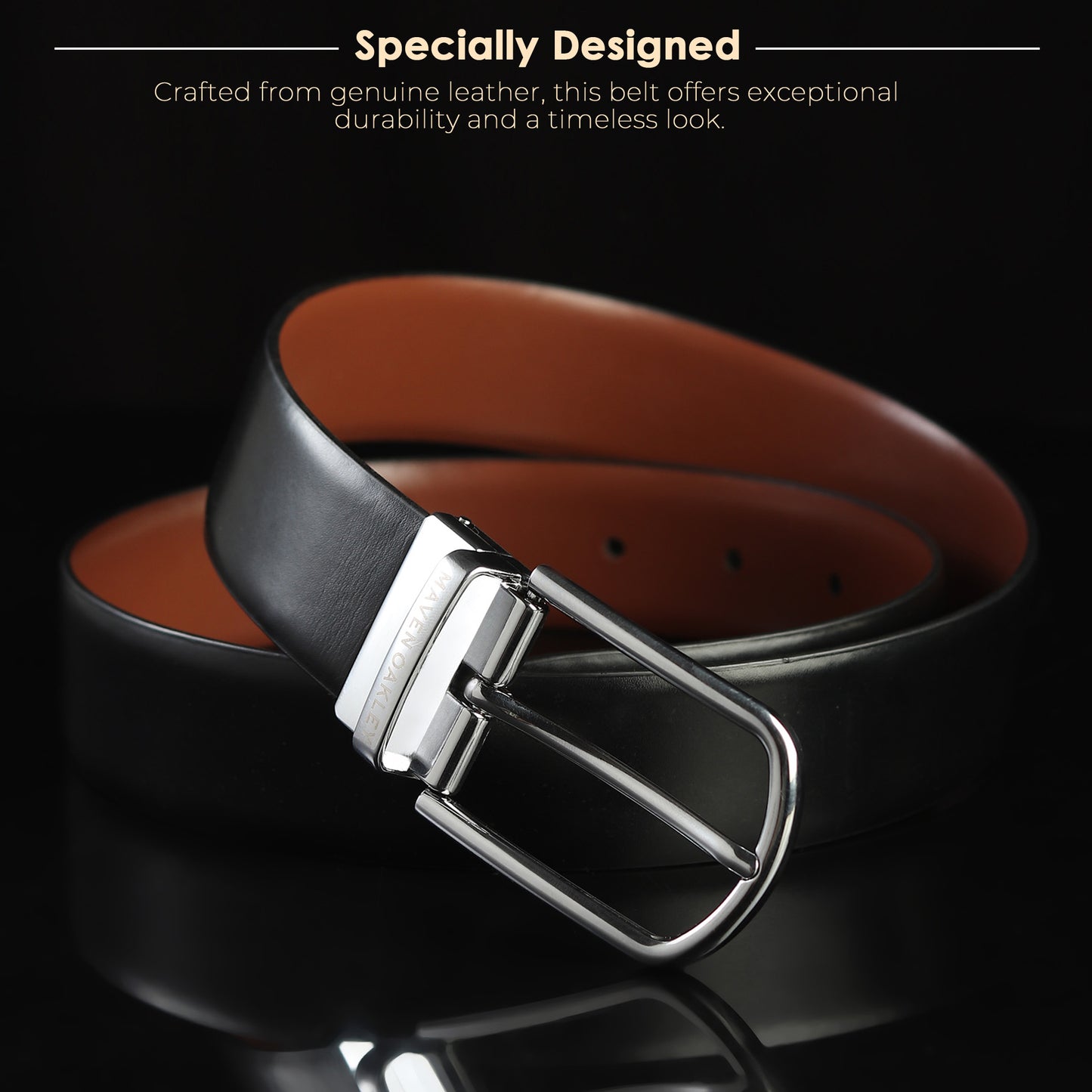 Maveoakely Premium Reversible Leather Belt for Men – Black & Brown | 360° Rotating Buckle | Formal & Casual Wear