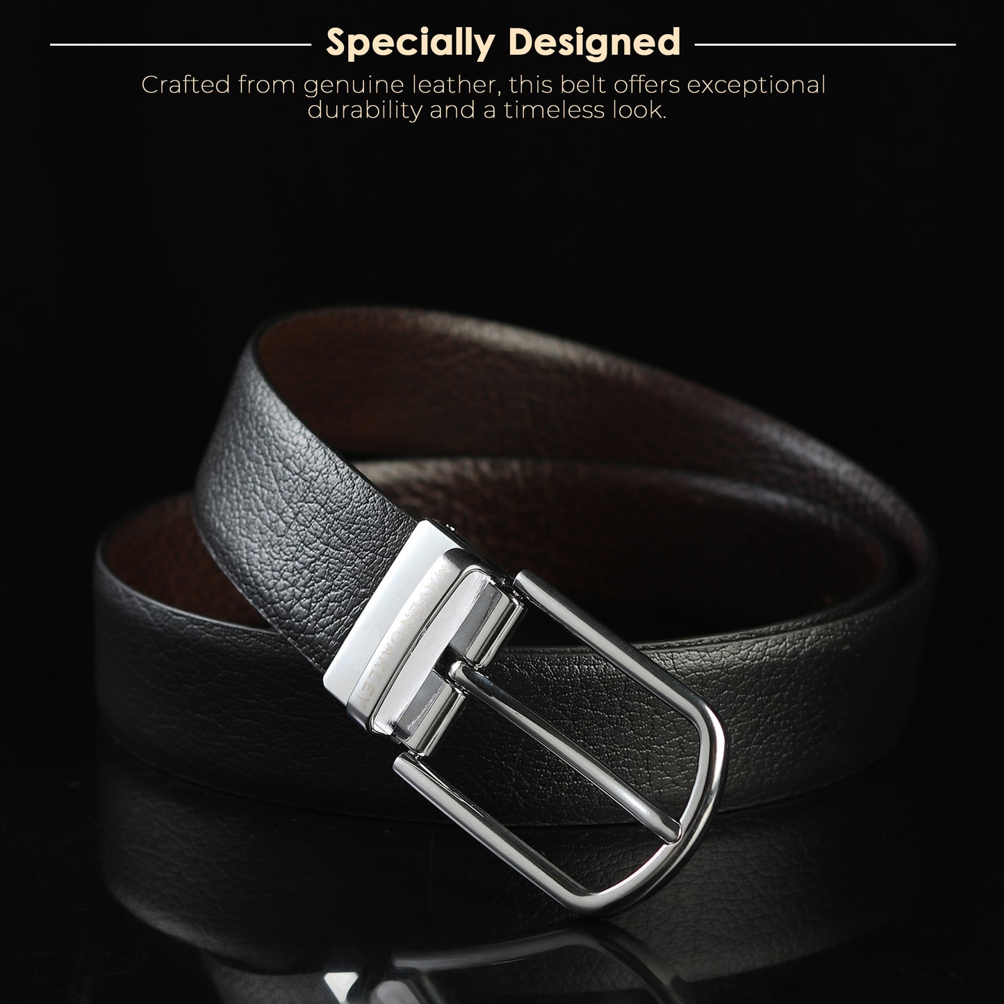 Maveoakely Reversible Genuine Leather Belt for Men – Black & Brown | Textured Finish | 360° Rotating Buckle | Formal & Daily Wear (30–42 Inches)
