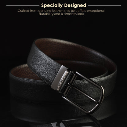 Maveoakely Reversible Textured Leather Belt for Men – Black & Brown | Matte Gunmetal Buckle | 360° Rotation | Premium Gift Box