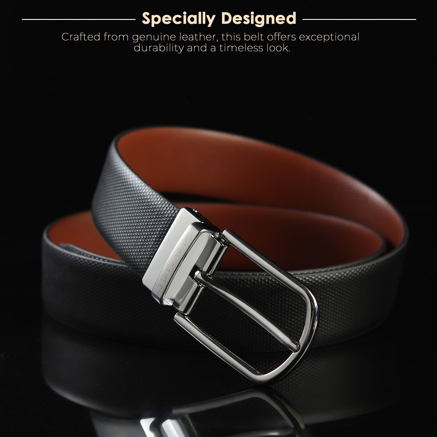 Maveoakely Reversible Leather Belt for Men – Dual Tone Black & Brown | 360° Rotating Buckle | Formal & Casual Use (30–42 Inches)