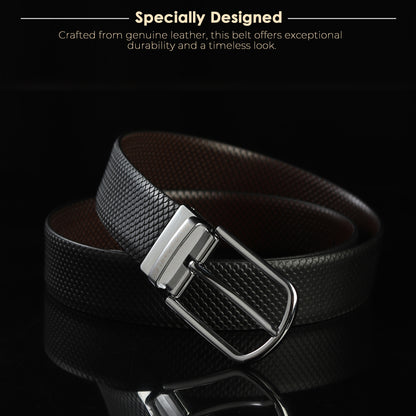 Maveoakely Men's Reversible Leather Belt – Black & Brown, Rotating Buckle, Smooth Finish, Formal & Casual Wear (30-42 Inches)