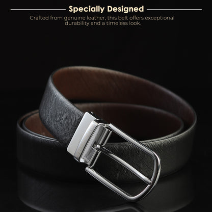 Maveoakely Premium Reversible Leather Belt for Men – Dual-Tone Black & Brown | 360° Rotating Glossy Buckle | Ideal for Formal & Casual Wear (30–42 Inches)