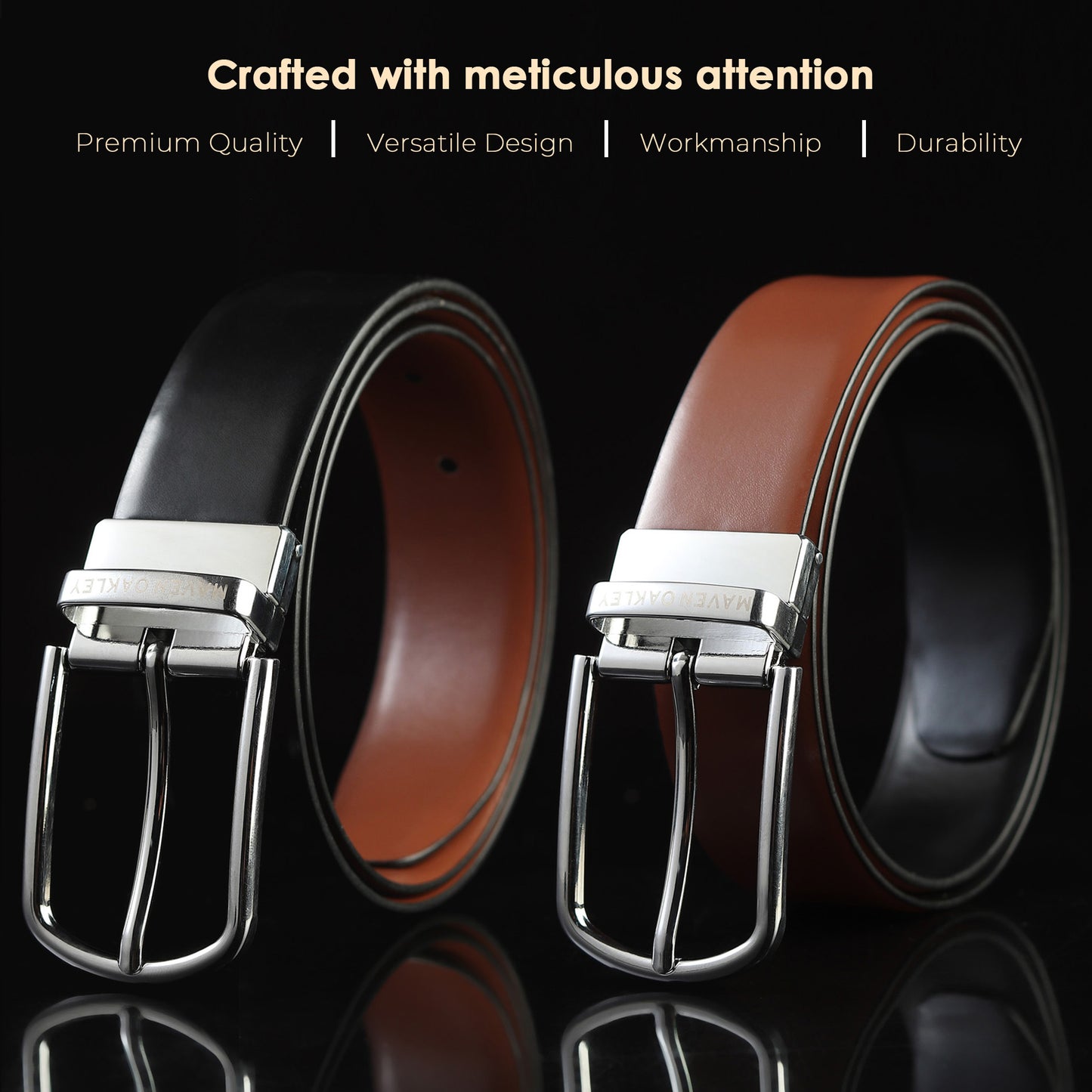 Maveoakely Premium Reversible Leather Belt for Men – Black & Brown | 360° Rotating Buckle | Formal & Casual Wear